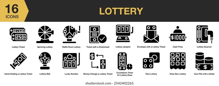 Conjunto de iconos sólidos de lotería. Incluye premio en efectivo, pila de monedas, dados, caja de sorteo, jackpot, giros y más. Colección de Vector de iconos sólidos.