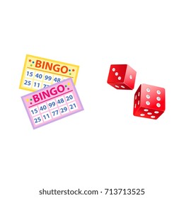 Lottery symbols - bingo game cards and two plastic dices, jackpot winning concept, vector illustration isolated on white background. Bingo board game cards and couple of dices