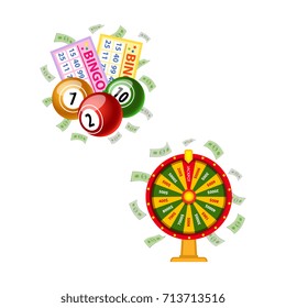 Lottery symbols - wheel of fortune, bingo game cards and round kegs, jackpot winning concept, vector illustration isolated on white background. Bingo board game cards and kegs, fortune wheel, money