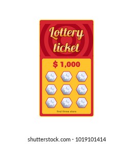 Lottery ticket for drawing money and prizes. Ticket for event, financial success, growth, luck, money well-being, fortune. Lottery successful. Win game in lottery, winning. Vector illustration.