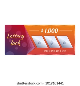 Lottery ticket for drawing money and prizes. Ticket for the event, the concept of financial success, growth, lottery luck, money well-being, fortune. Win game in lottery, winning. Vector illustration.