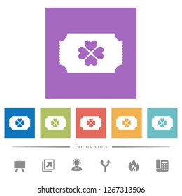 Lottery ticket flat white icons in square backgrounds. 6 bonus icons included.