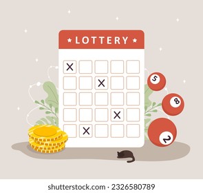 Lottery ticket with gold coins and balls. Gambling game. Hobby and leisure concept. Vector illustration in flat cartoon style.
