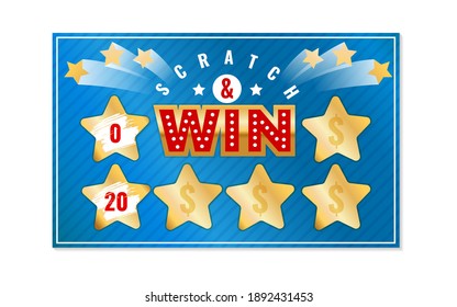 Lottery Ticket. Golden Scratch Star Form With Metallic Effect, Win Card, Lucky Game, Winning And Loser Coupon, Lotto Game Jackpot, Gambling Color Design Mockup, Realistic Vector Isolated Template