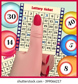 The lottery ticket in a hand. Lottery balls.