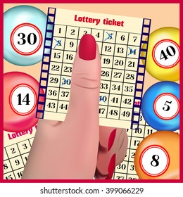 The lottery ticket in a hand. Lottery balls.