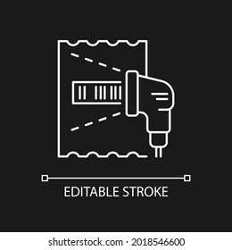 Lottery ticket scanner white linear icon for dark theme. Scan draw results. Check winning numbers. Thin line customizable illustration. Isolated vector contour symbol for night mode. Editable stroke