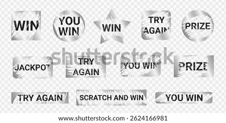 Lottery ticket text design kit - scratched numbers words silver foil decor. Jackpot luck slogans distressed ink splatter. Shiny metallic peeling paint vector shapes.