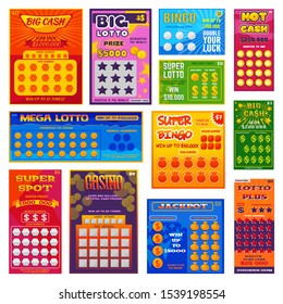 Lottery ticket vector lucky bingo card win chance lotto game jackpot ticketing set illustration lottery gaming tickets isolated on white background.