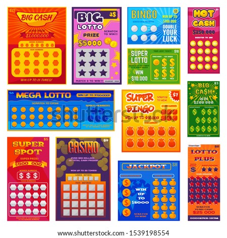 Lottery ticket vector lucky bingo card win chance lotto game jackpot ticketing set illustration lottery gaming tickets isolated on white background.