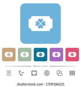Lottery ticket white flat icons on color rounded square backgrounds. 6 bonus icons included