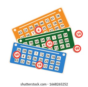 Lottery ticket with winning number chips for lotto gambling sport game isolated on white background. Gaming industry. Casino advertising set. Luck and fortune combination. Vector illustration