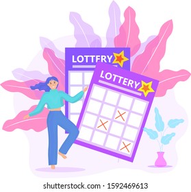 Lottery Ticket, Woman Playing Lotto, Win Icon Flat Style. Vector Illustration