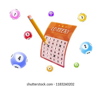 Lottery tickets, bingo, lotto, cash prizes. Balls with numbers for game, drawing prizes in lotto. Lottery with marked winnings numbers. Financial success, victory, winnings, luck. Vector illustration