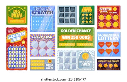 Lottery tickets collection. Royal edition victory scratching numbered tickets for lottery with prizes garish vector illustrations with place for text