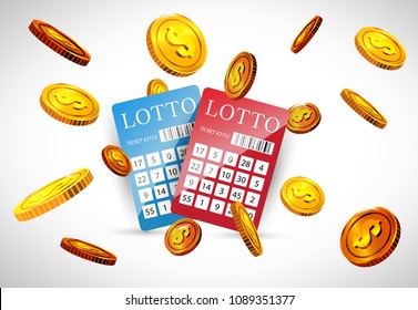 Lottery tickets and flying golden coins. Gambling business advertising design. For posters, banners, leaflets and brochures.