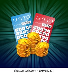 Lottery tickets and golden coins stacks. Gambling business advertising design. For posters, banners, leaflets and brochures.
