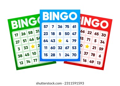 Lottery tickets. Lotto bingo cards with numbers, keno gambling. Colorful betting sheets with lucky numbers. Gaming industry and casino advertising. Vector Illustration.