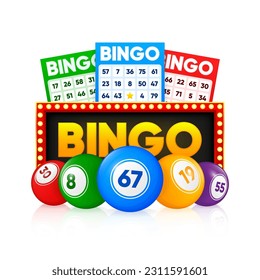 Lottery tickets and number balls. Lotto bingo cards with numbers, keno gambling. Colorful betting sheets with lucky numbers. Gaming industry and casino advertising. Vector Illustration.