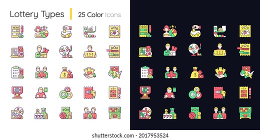 Lottery types light and dark theme RGB color icons set. Gambling games. Winning jackpot. Receive cash prizes. Isolated vector illustrations on white and black space. Simple filled line drawings pack