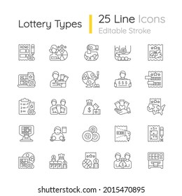 Lottery types linear icons set. Gambling games. Winning jackpot. Scratch cards. Receive cash prizes. Customizable thin line contour symbols. Isolated vector outline illustrations. Editable stroke