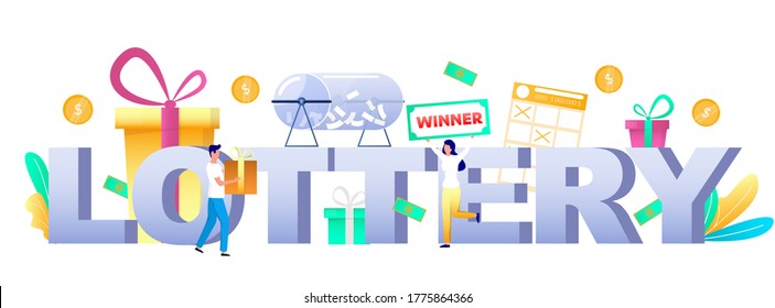 Lottery Typography Vector Banner Template. Raffle Drum Full Of Lottery Tickets, Man Giving Gift Box To Happy Woman Lotto Game Prize Winner. Prize Draw, Gambling Industry.