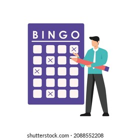 Lottery vector illustration. Flat bingo game win luck persons concept. Gambling business and entertainment process. Bingo prize and lotto ticket investment. 