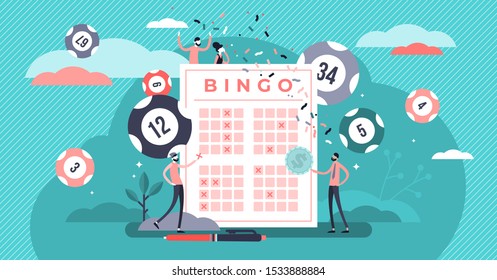 Lottery vector illustration. Flat tiny bingo game win luck persons concept. Gambling business and entertainment process. Bingo prize and lotto ticket investment. Casino bet opportunity excitement.