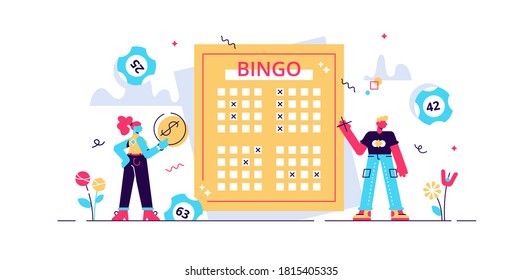 Ilustración vectorial de lotería. Un juego de bingo plano que gana el concepto de personas de suerte. El negocio de los juegos de azar y el proceso de entretenimiento. Premio de bingo y de loto de inversión. La emoción de la oportunidad de apostar en el casino.