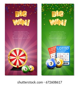 Lottery vertical banners set with decorative images of confetti realistic gaming accessories lottery tickets and editable text vector illustration