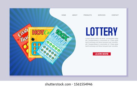 Lottery web template, vector illustration. Win million. Cartoon lotery tickets on retro stripped blue background. Raffle web site page, landing and mobile app design.