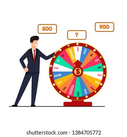 Lottery with Wheel Fortune Vector Illustration. Man Suit Holds Lottery Draw, Spinning Wheel with Winning Amount. Chance to Break Big Score. Fun and Dry for those who Love Risk Cartoon.