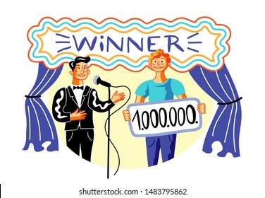Lottery win celebration flat vector illustration. Cheerful young man and announcer on stage cartoon characters. Happy jackpot winner, millionaire holding big check. Award ceremony, contest victory
