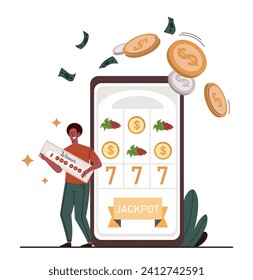 Lottery win concept. Man with slot machine. Gambling and games for luck. Young guy with fortune and prizes. Poster or banner. Cartoon flat vector illustration isolated on white background