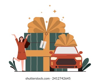 Lottery win concept. Woman with large gift box and red automobile. Gambling and games for luck. Young girl with fortune and prizes. Cartoon flat vector illustration isolated on white background