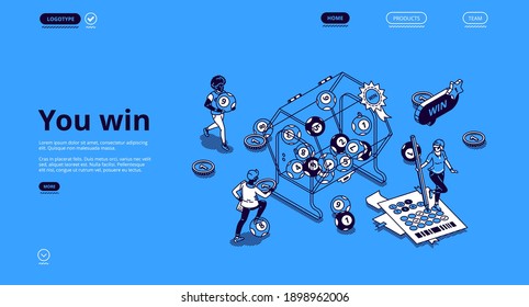 Lottery win isometric landing page with tiny people around of huge drum with balls rolling inside. Luck and fortune concept with character filling ticket and draw raffle. 3d vector line art web banner