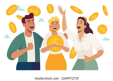 Lottery win or jackpot win, people holding coins three sevens slot machine game, money lottery, big jackpot 777. slot machine or lottery winner character vector flat illustration lucky winners 