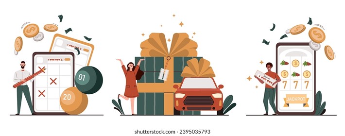 Ganado de lotería. Apuestas y juegos de suerte y fortuna. Gente con casino. Ganadores con dinero y premios. Afiche o pancarta. Colección vectorial plana de dibujos animados aislada en fondo blanco