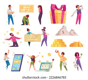 Lottery winner cartoon icons set with people winning money prize isolated vector illustration