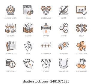 Lottery winner flat line icons set. Win money gambling, casino poker, bingo, wheel of fortune, scratch card vector illustrations. Outline signs for ticket store. Orange color. Editable Strokes