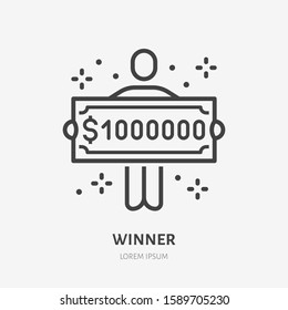 Lottery Winner Holding One Million Dollar Check Line Icon, Vector Pictogram Of Prize. Money Cheque Illustration, Casino Reward Sign.