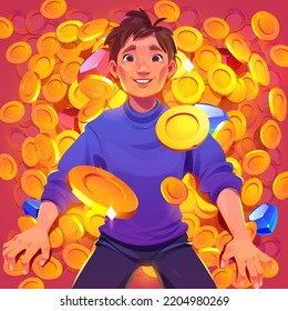 Lottery winner lying on bunch of golden coins top view. Happy lucky man win jackpot in gambling game or casino, swim in money and gemstones, concept of success, dream, Cartoon vector illustration