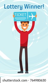 Lottery Winner Man Holding Plane Ticket. Millennial Character Flat Vector Art Design Illustration