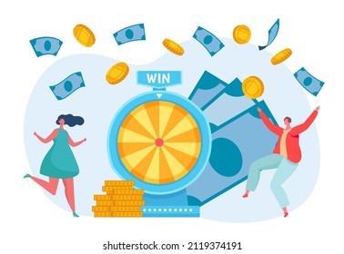 Lottery winner people. Male and female characters spinning wheel and getting prize. Man and woman winning jackpot, risking and getting money. Players successfully rotating machine vector