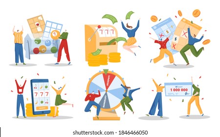 Lottery winner people vector illustration set. Cartoon flat lucky happy man woman characters win million jackpot in lottery or slot machine, millionaire winning prize gift money, isolated on white