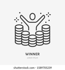 Lottery winner raises hands among gold coins line icon, vector pictogram of prize. Money winning illustration, casino reward sign.