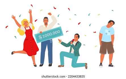 Lottery Winner Reward Vector. Man Getting Money Cheque Gift And Congratulation. Casino Jackpot, Giveaway Or Gambling Competition Victory. Happy Millionaire Character