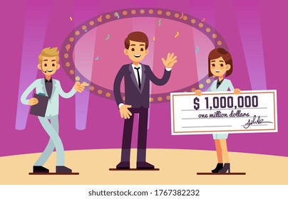 Lottery Winner Rewarding. Bank Cheque Prize. Cartoon Lucky Guy On Stage, Girl With Reward. Quiz Or Show Jackpot Win, Boy Got Grant For Study Or Business Start Up Vector