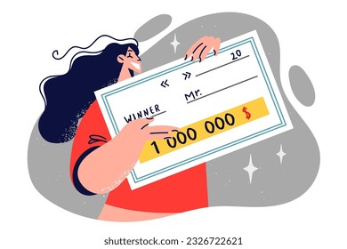 Lottery winner woman holding big check for million dollars and showing cash prize in game of chance. Girl with check from casino became millionaire after winning jackpot in lottery