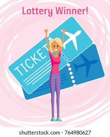 Lottery Winner Woman Holding Plane Ticket. Millennial Character Flat Vector Art Design Illustration.